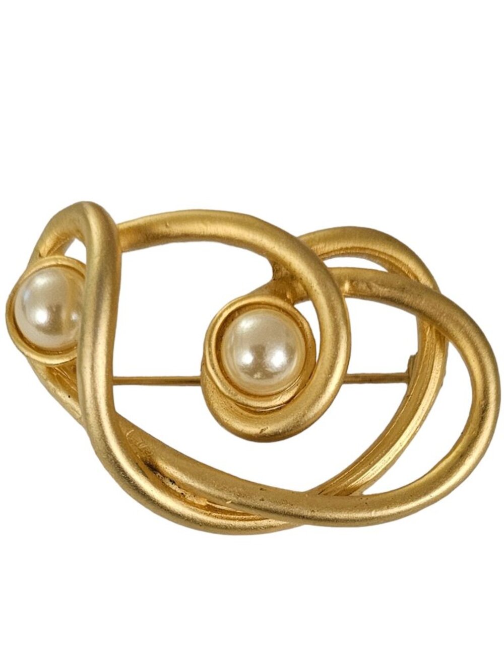 Matte Gold Tone Faux Pearl Modernist Open Brooch Pin L143